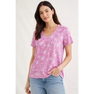Vineyard Vines Women's Floral Print V-Neck T-Shirt Short Sleeve Pink Size M